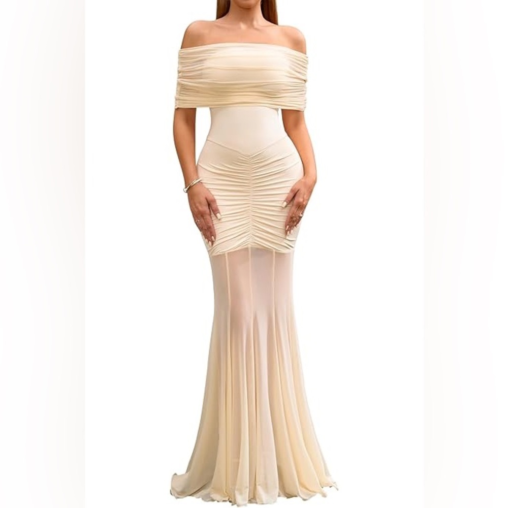 Ruched Off-Shoulder Maxi Dress